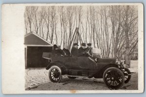 c1910's Men And Women Riding Car On Winter Scene RPPC Photo Antique Postcard