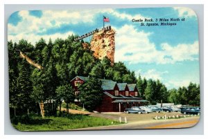 Vintage 1950's Postcard American Flag Old Cars Castle Rock St. Ignace Michigan
