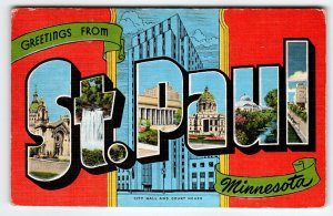 Greetings From St. Paul Minnesota Large Big Letter Postcard Linen Kropp Vintage