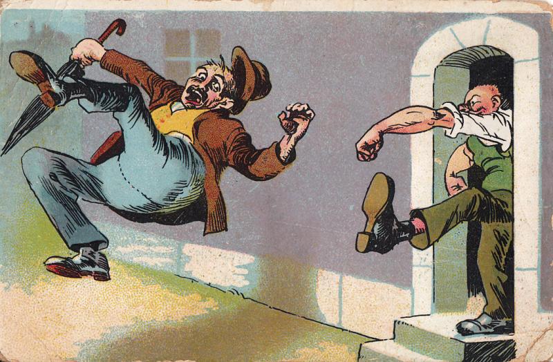 Vintage chromo postcard comic humour caricatures man kick unwelcome guest