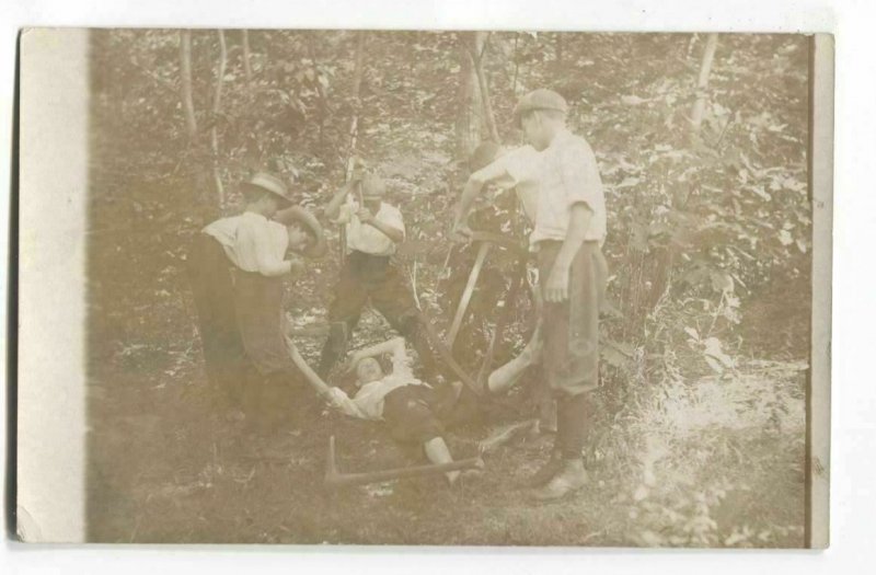 RPPC Postcard Boys Pretending To Beat Each Other with Hammers