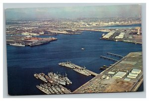 Vintage 1960's Postcard Aerial View Terminal Island Ships Long Beach California