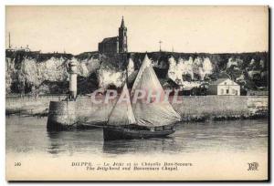 Old Postcard Lighthouse Dieppe The pier and the chapel Bon Secours