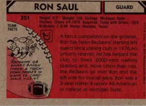 1980 Topps Football Card Ron Saul G Washington Redskins sun0009