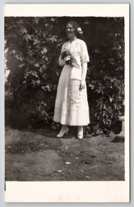 RPPC Pretty Young Lady White Dress Shoes With Flowers Real Photo Postcard N30