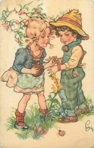 Artist signed 1940s postcard children couple game lady bug fantasy postcard