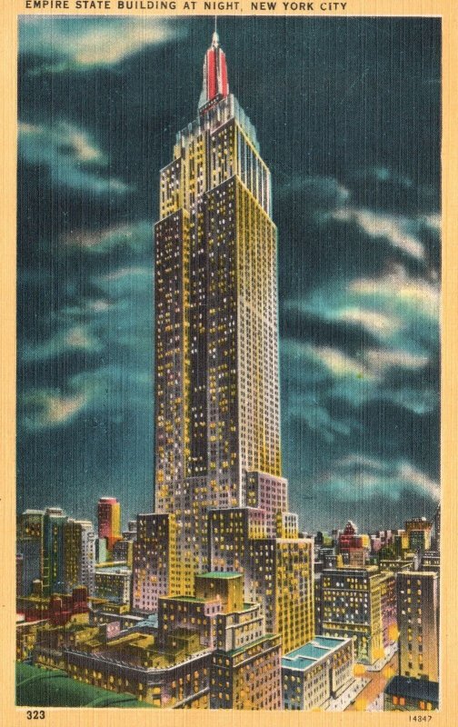 Vintage Postcard Empire State Building At Night Tallest Structure New York City 