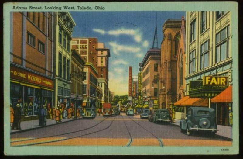 041521 1940s AUTOS ON ADAMS STREET VINTAGE TOLEDO OH LINEN POSTCARD 1946