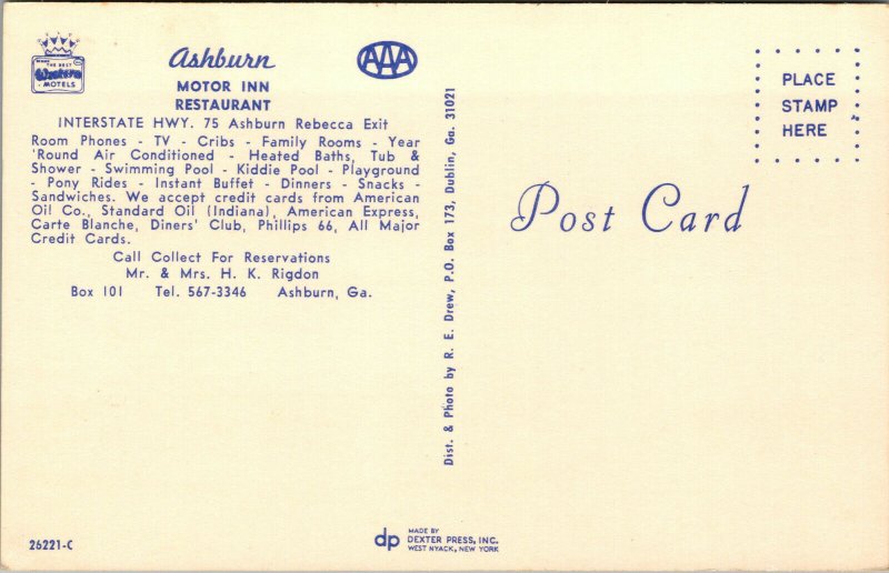 Vtg Ashburn Motor Inn Motel Restaurant Ashburn Georgia GA Unused Postcard