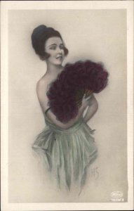 Beautiful Woman Hides Top Ornate Fan Risque c1910 Vintage Postcard