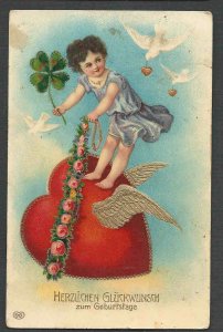 DATE 1906 PPC* VINTAGE VALENTINE FLYING HEART W/GOLD WINGS HAS STAINS & WEAR