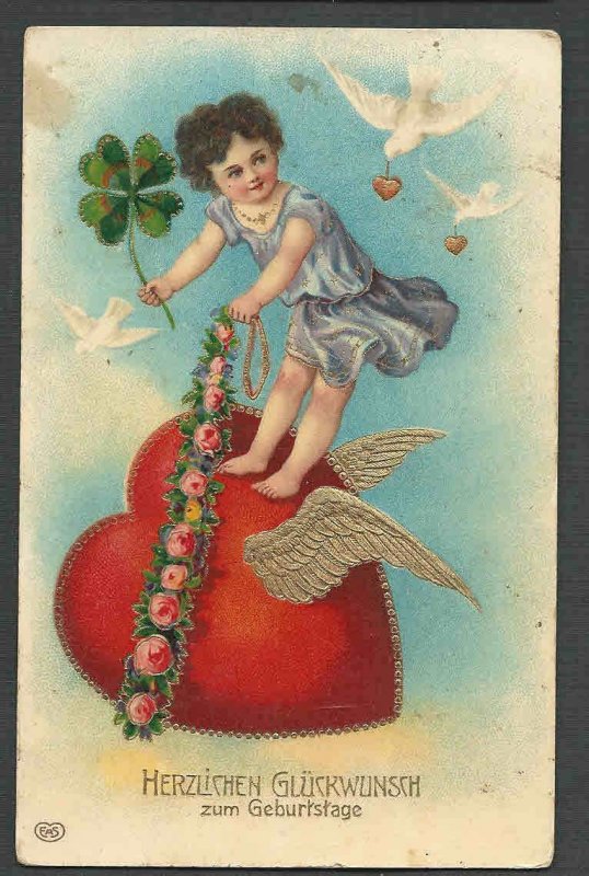 DATE 1906 PPC* VINTAGE VALENTINE FLYING HEART W/GOLD WINGS HAS STAINS & WEAR