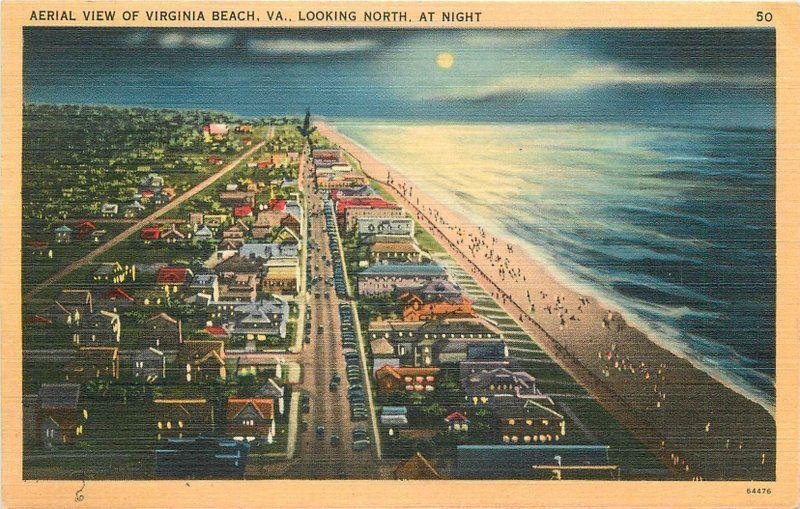 Aerial View Virginia Beach Virginia 1947 Postcard Night Tichnor linen 12508