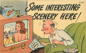 1940s man excited about sexy woman on Television Screen Teich Postcard 22-9383