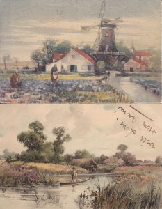 German artist Meissner & Buch landscapes with boat and mill unit of 2 scenic 