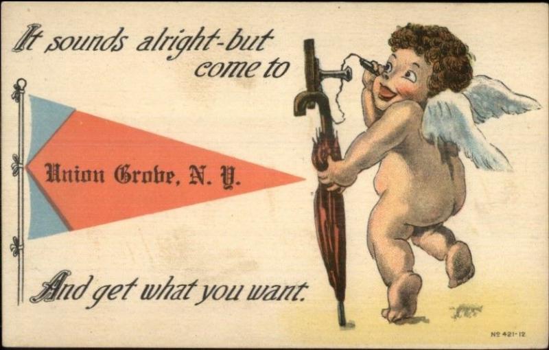 Union Grove NY Cupid on Telephone Comic Pennant c1910 Postcard