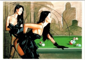 Artist Nico Vrielink SEXY BLACK HAIRED WOMEN PLAYING POOL 1989 4X6 Art Postcard