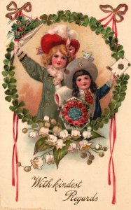 Vintage Postcard 1910's With Kindest Regards Greetings Shamrocks Girls Flowers