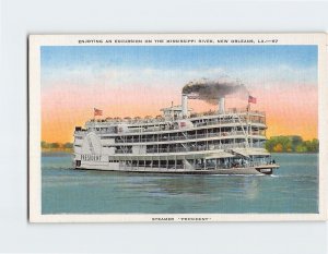 Postcard Steamer President Enjoying An Excursion on The Mississippi River LA USA