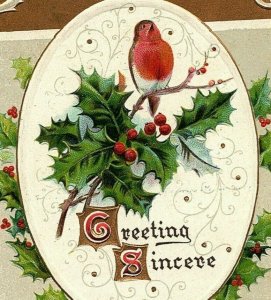 1907-15 London Christmas Postcard Bb Embossed Series 79 Vintage Holly Xmas Bird 