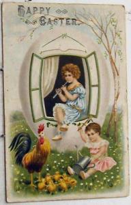 B1999   EASTER   POSTCARD,  CHILDREN & ROOSTER