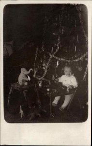 Baby Elephant Toys Decorated Christmas Tree c1920 Real Photo Postcard