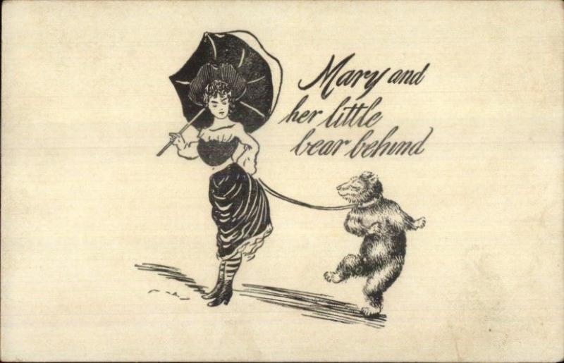 Pretty Bathing Beauty Lady & Bear on Leash MARY & LITTLE BEAR BEHIND Postcard