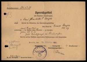 3rd Reich Germany Prison Jewish Inmate Sprechzettel Permission Document 87230