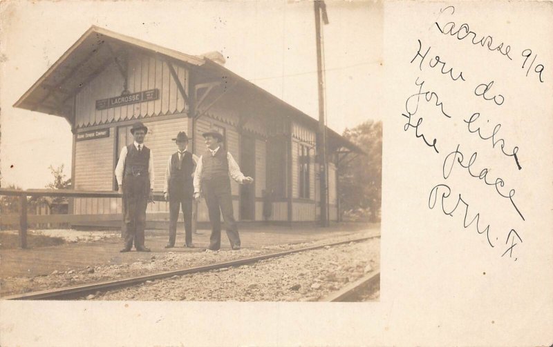 J84/ LaCrosse Indiana RPPC Postcard c1910 Railroad Depot Station Men 315