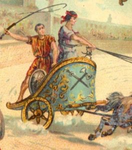 1880s French Chocolat Poulain Roman Chariot Horses Fab! F159