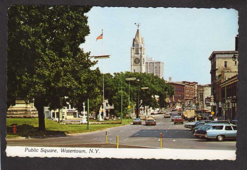 NY Public Square Church Watertown New York Postcard City View