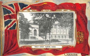 PUBLIC LIBRARY WINDSOR CANADA PATRIOTIC POSTCARD (c. 1910)