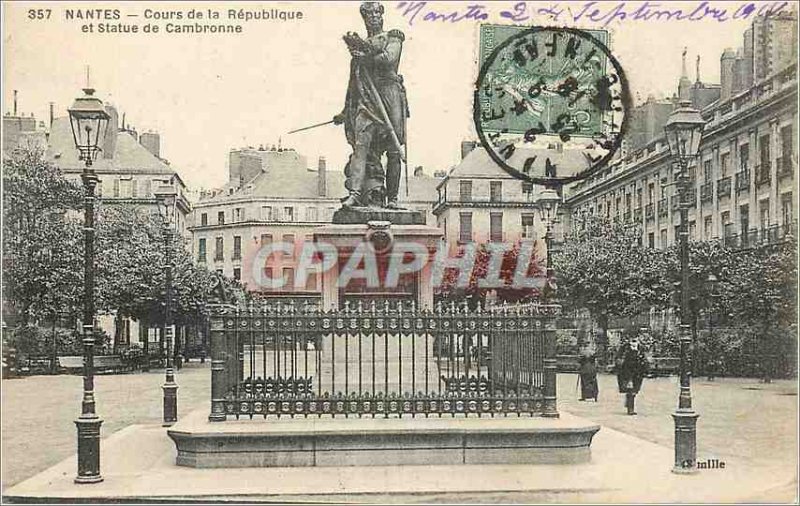 Postcard Nantes Old Course of the Republic and Statue of Cambronne