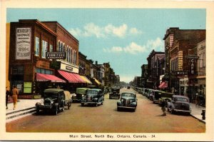 Postcard ON North Bay Main Street Drug Store Furniture Shop Street View 1941 S98