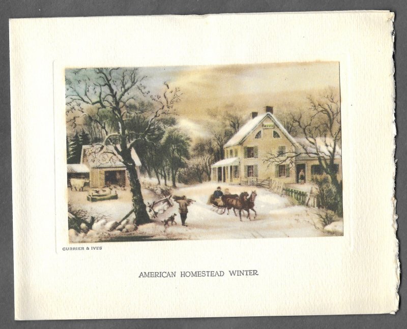 VINTAGE 1940s WWII ERA Christmas Greeting Card AMERICAN HOMESTEAD Currier & Ives