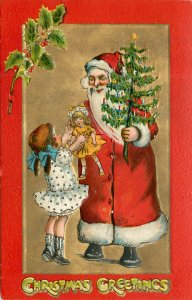 Embossed Tuck Crimson & Gold Christmas Postcard 501 Santa Claus Tree Doll Girl