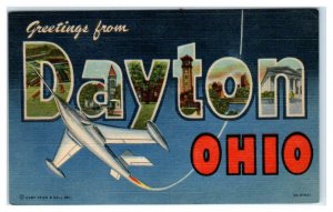 Large Letter Linen DAYTON, OHIO OH ~ ca 1940s Linen Airplane Curteich  Postcard