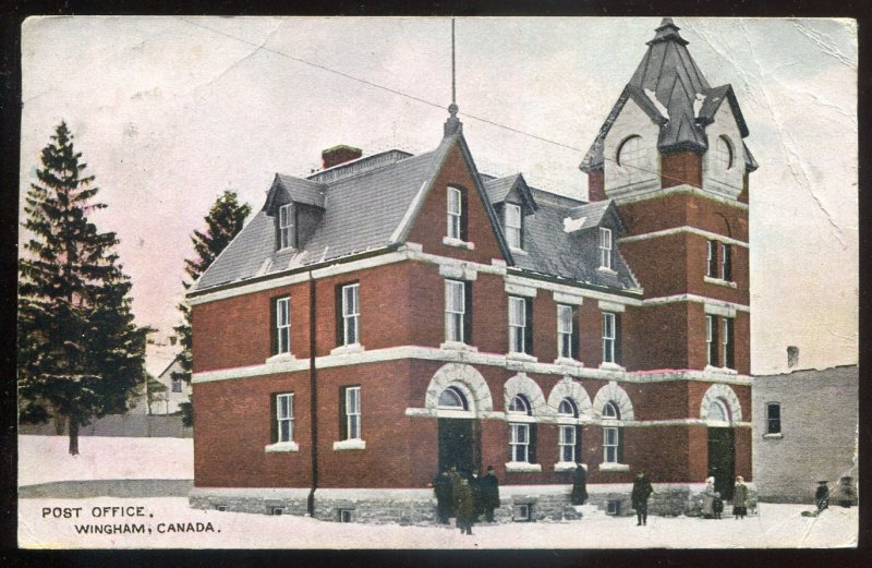 h1287 - WINGHAM Ontario Postcard 1908 Post Office by Warwick