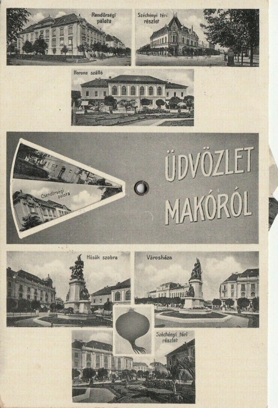 Hungary Csongrád County Makó 1937 multi views mechanical postcard 
