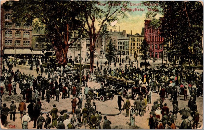 Vtg Springfield MA Fire Scene Court Square Horse Drawn Wagon 1910s Old Postcard