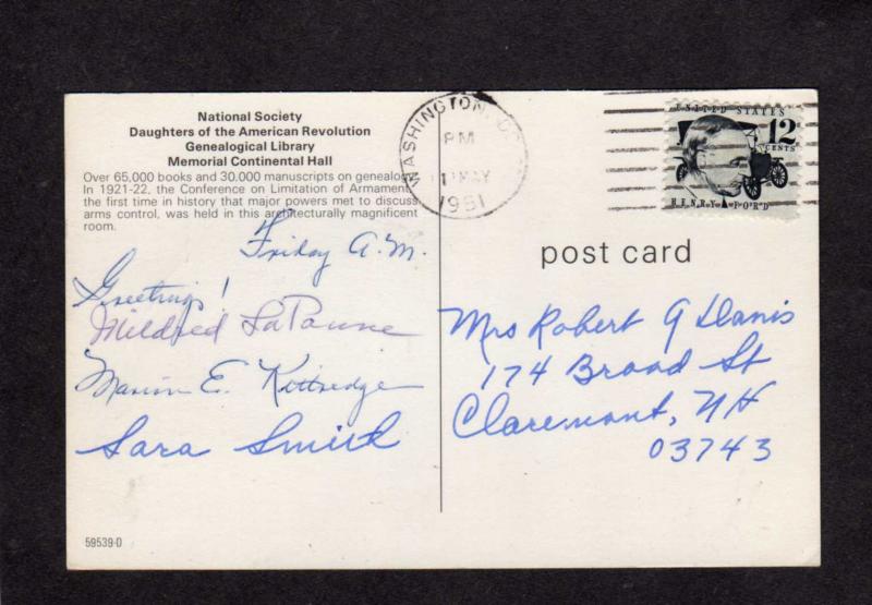 DC DAR Museum Daughter's American Revolution Library Washington Postcard