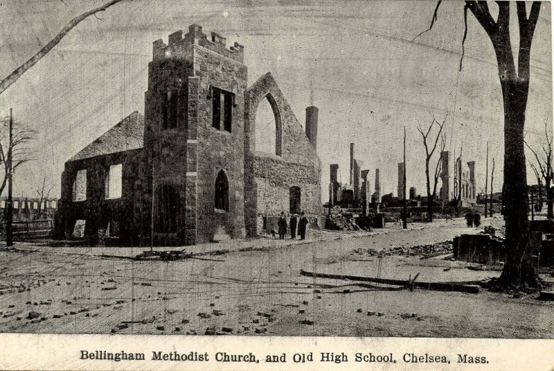 MA - Chelsea, April 12, 1908 Fire Ruins. Bellingham Methodist Church & Old Hi...