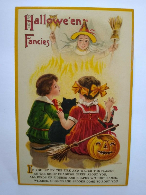 Vintage Halloween Fancies Postcard Aleinmuller Witch Owl Black Cat Embossed 1002