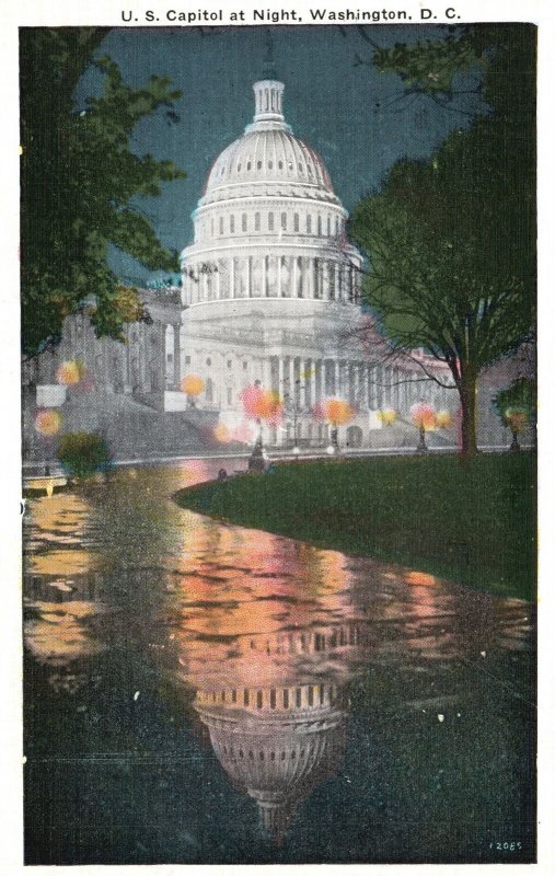 Vintage Postcard 1920's U.S. Capitol Building at Night Washington DC Structure