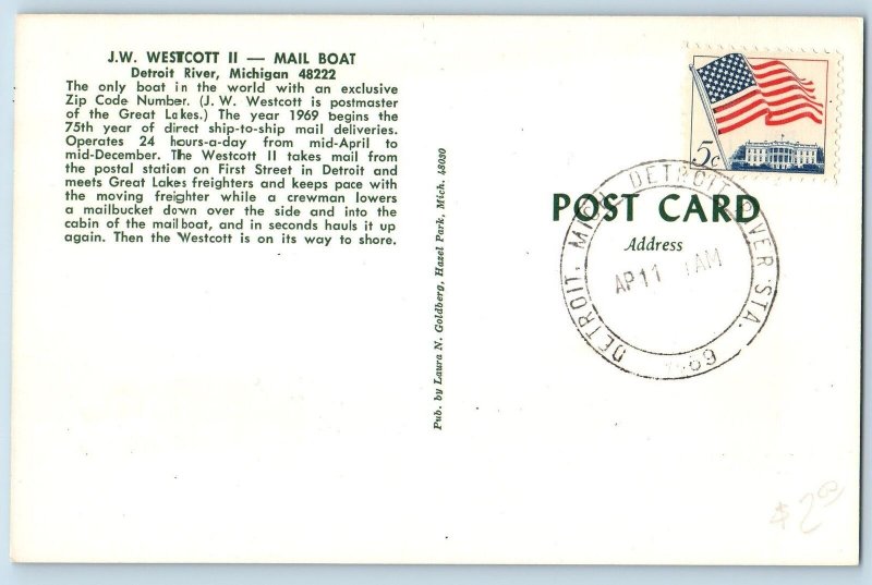 Detroit Michigan MI Postcard J.W. Westcott II Mail Boat Scenic View 1969 Vintage