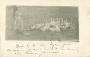 Woman in Long Apron and Geese Early 1900s  Real Photo Postcard  to Rupert Lewis