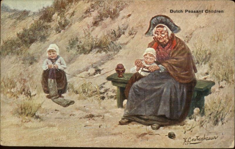 Dutch Children & Grandmother Knitting Needles Gerstenhauer c1910 Postcard