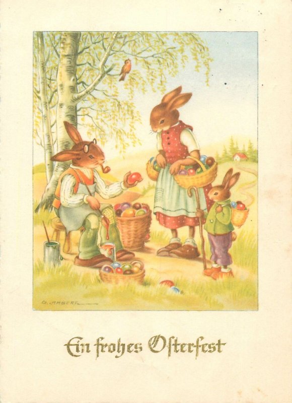 Postcard G. LAMBERT signed rabbit family humanized pipe Easter egg basket paint