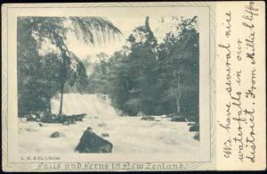 new zealand, Falls and Ferns, Waterfall (1905)