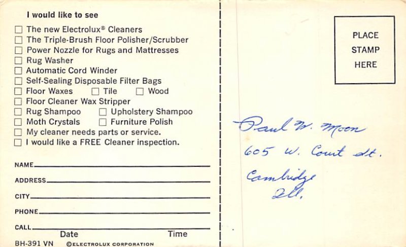 Advertising Post Card Electrolux Vacuum Cleaner Writing on back